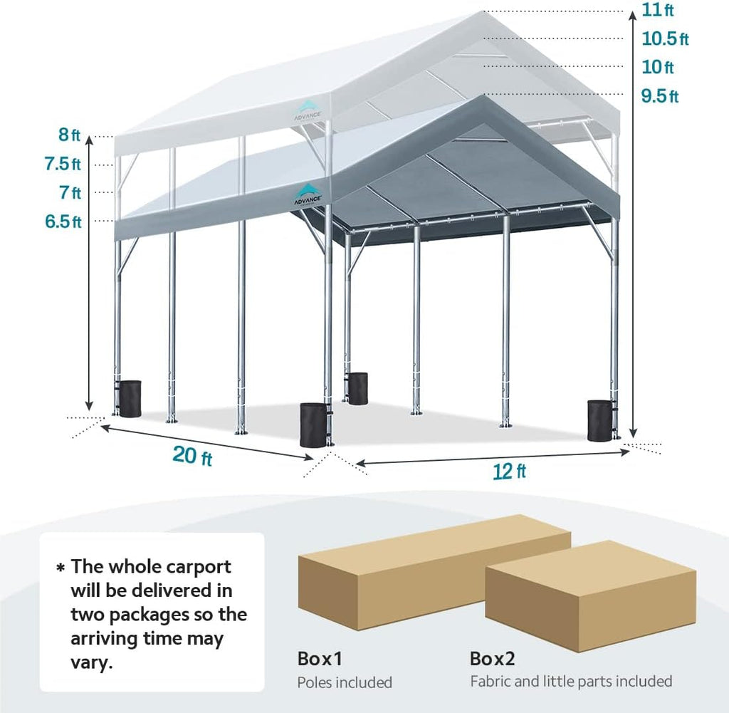 ADVANCE OUTDOOR 12x20 ft Heavy Duty Carport Potable Car Canopy Garage Party Tent Boat Shelter  Adjustable Height from 9.5 ft to 11 ft  Gray