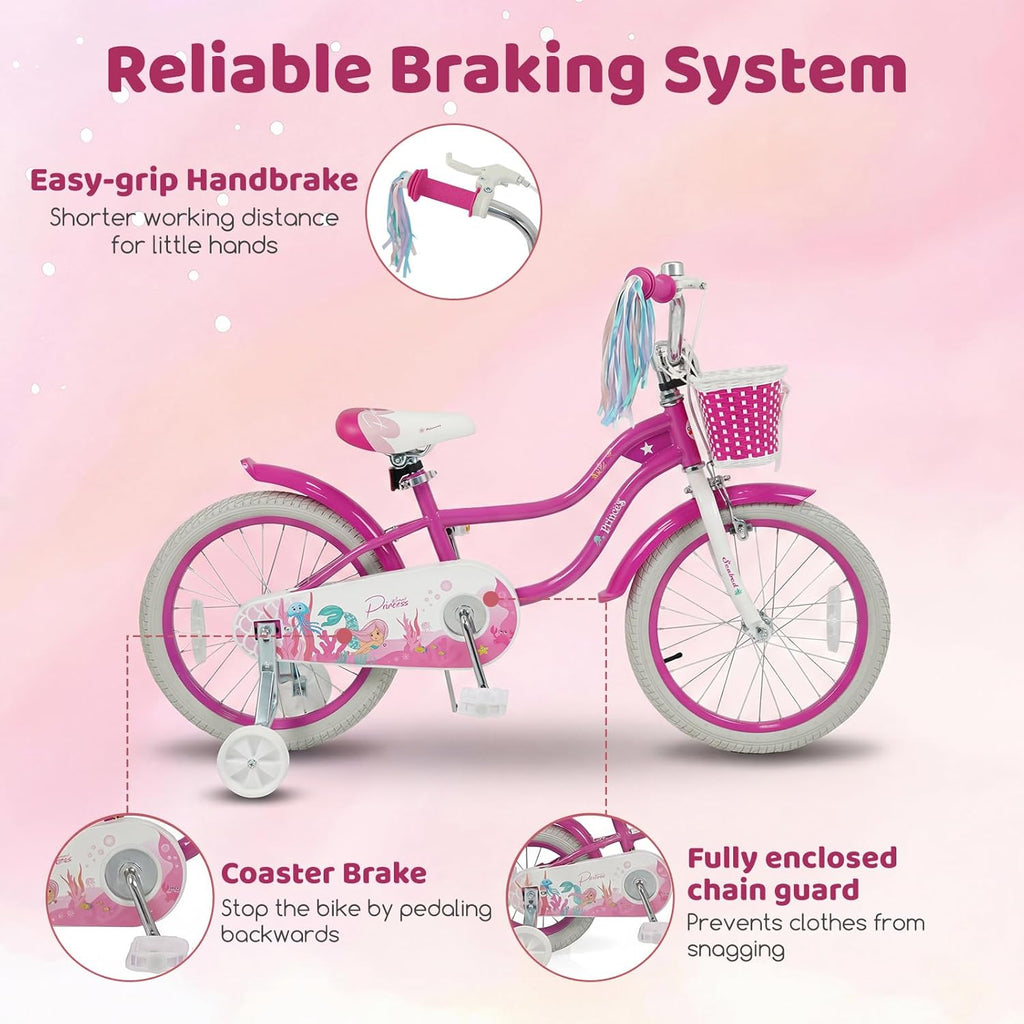 BABY JOY Kids Bike, 12" 14" 16" 18" Mermaid Girls Bike for 3-8 Years Old w/Basket, Training Wheels, Hand & Coaster Brakes, Adjustable Seat & Handlebar, 20" Children Bicycle with Kickstand for 8+