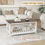 Farmhouse Coffee Table, White Oak Coffee Table for Living Room, 2-Tier Rectangular Wooden Centre Cocktail Table with Slats Shelf Storage and V-Shaped Frame Modern Coffee Oak Grey