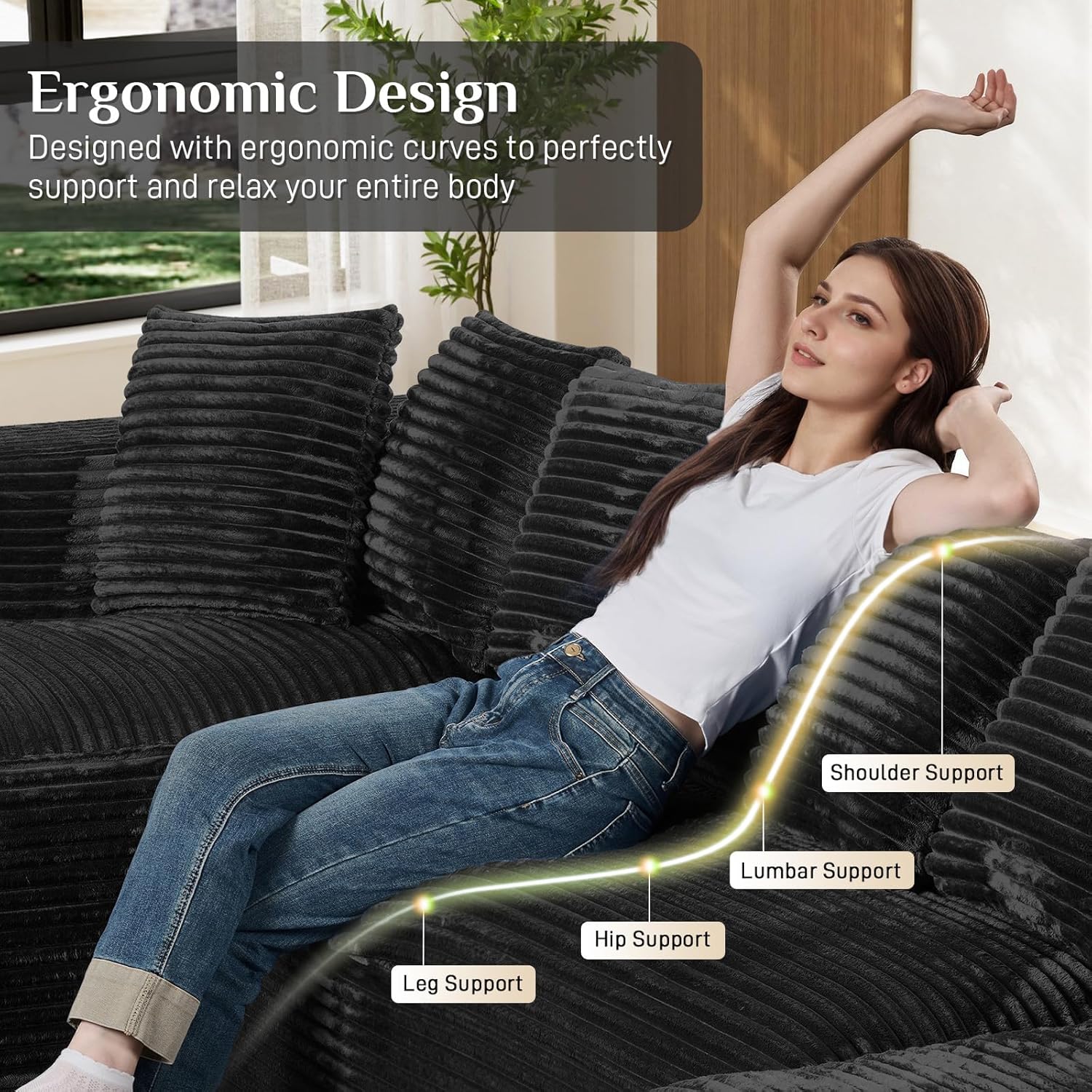 131" Oversized U Shaped Cloud Sectional Couches for Living Room, Comfy Fluffy Corduroy Black Boneless Sectionals Couch, Plush Memory Foam Modular Sectional Sofa with Double Chaise- 20" High Seat