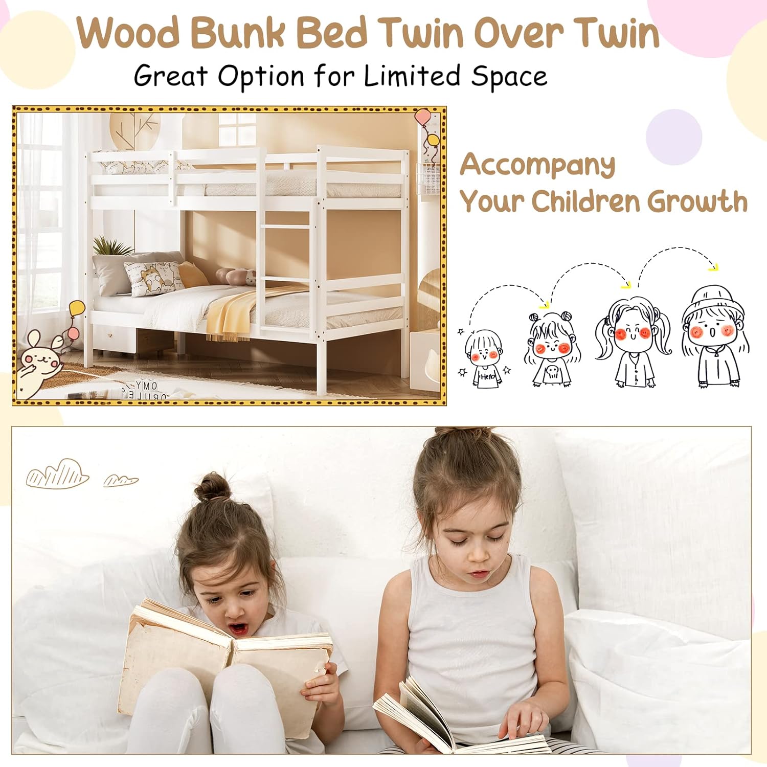 KOMFOTT Wood Bunk Bed Twin Over Twin, Bunk Bed with Ladder & Safety Guardrail, Solid Wood Bed Frame, Ideal for Dormitory & Multiple-Child Family, No Box Spring Needed, Kids Bed Frame