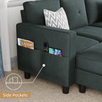 JAMFLY Convertible L-Shaped Sectional Sofa with Reversible Storage Ottoman, 3-Seat Modern Fabric Couch for Living Room, Small Space Apartment Sofa with Side Pockets & Firm Cushions, Grey Linen