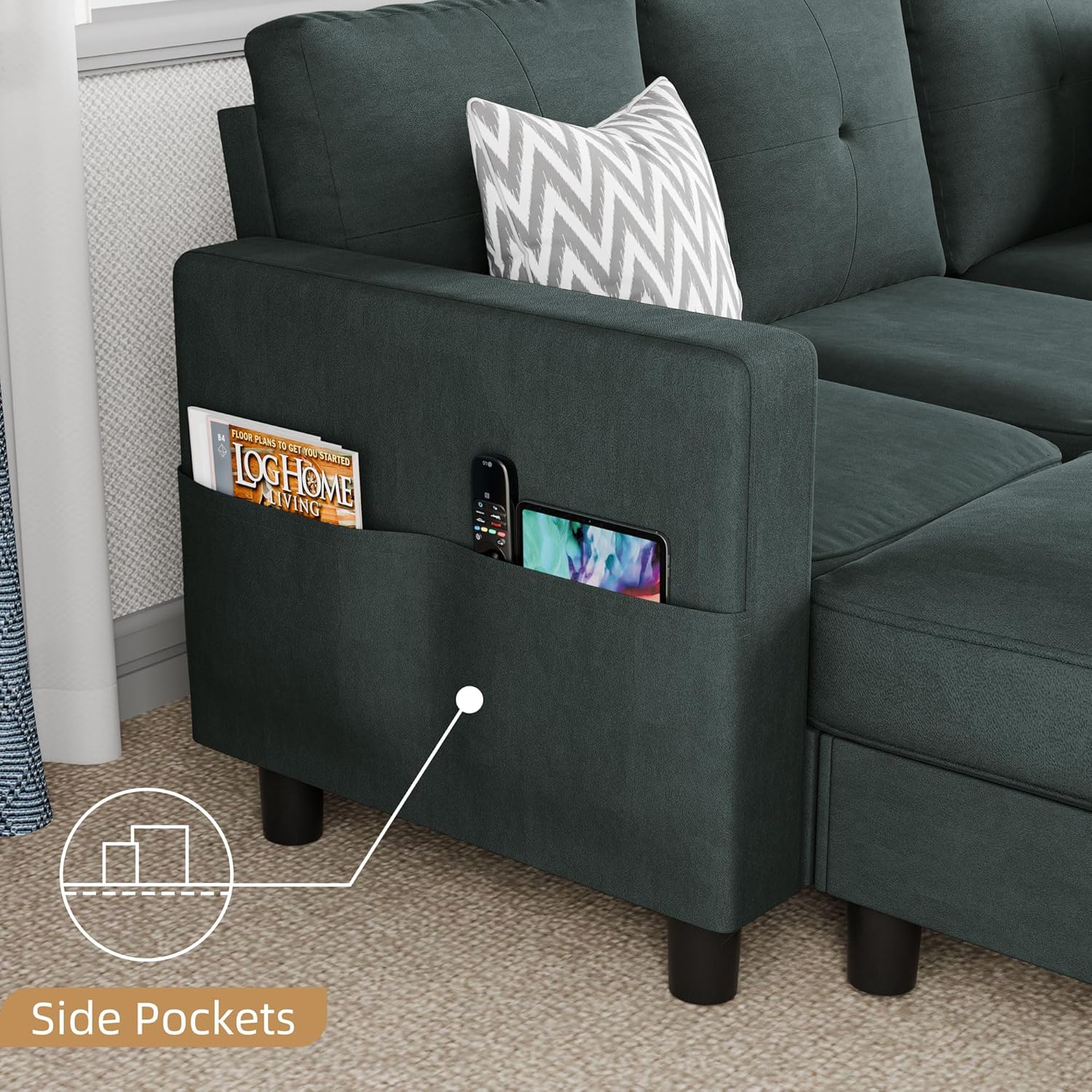 JAMFLY Convertible L-Shaped Sectional Sofa with Reversible Storage Ottoman, 3-Seat Modern Fabric Couch for Living Room, Small Space Apartment Sofa with Side Pockets & Firm Cushions, Grey Linen