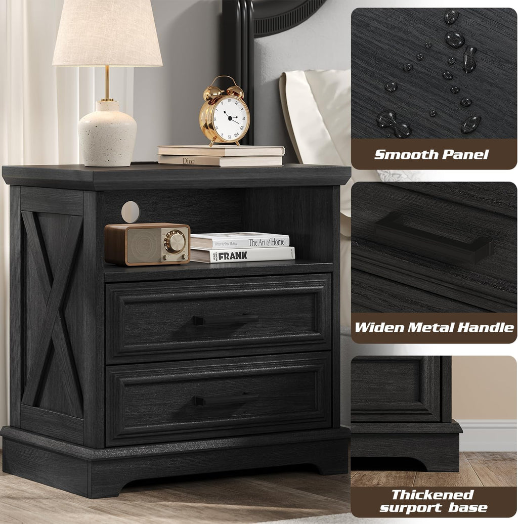 24 Inch Wide Farmhouse Nightstands Set of 2 with Charging Station, Dark Gray Nightstand with 2 Large Drawers, Rustic Wood End Table for Bedroom