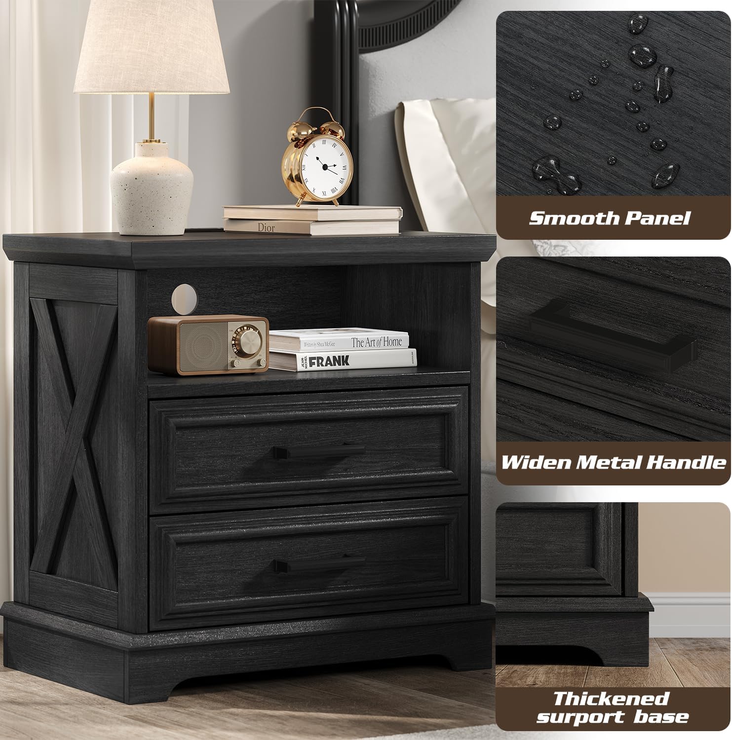 24 Inch Wide Farmhouse Nightstands Set of 2 with Charging Station, Dark Gray Nightstand with 2 Large Drawers, Rustic Wood End Table for Bedroom