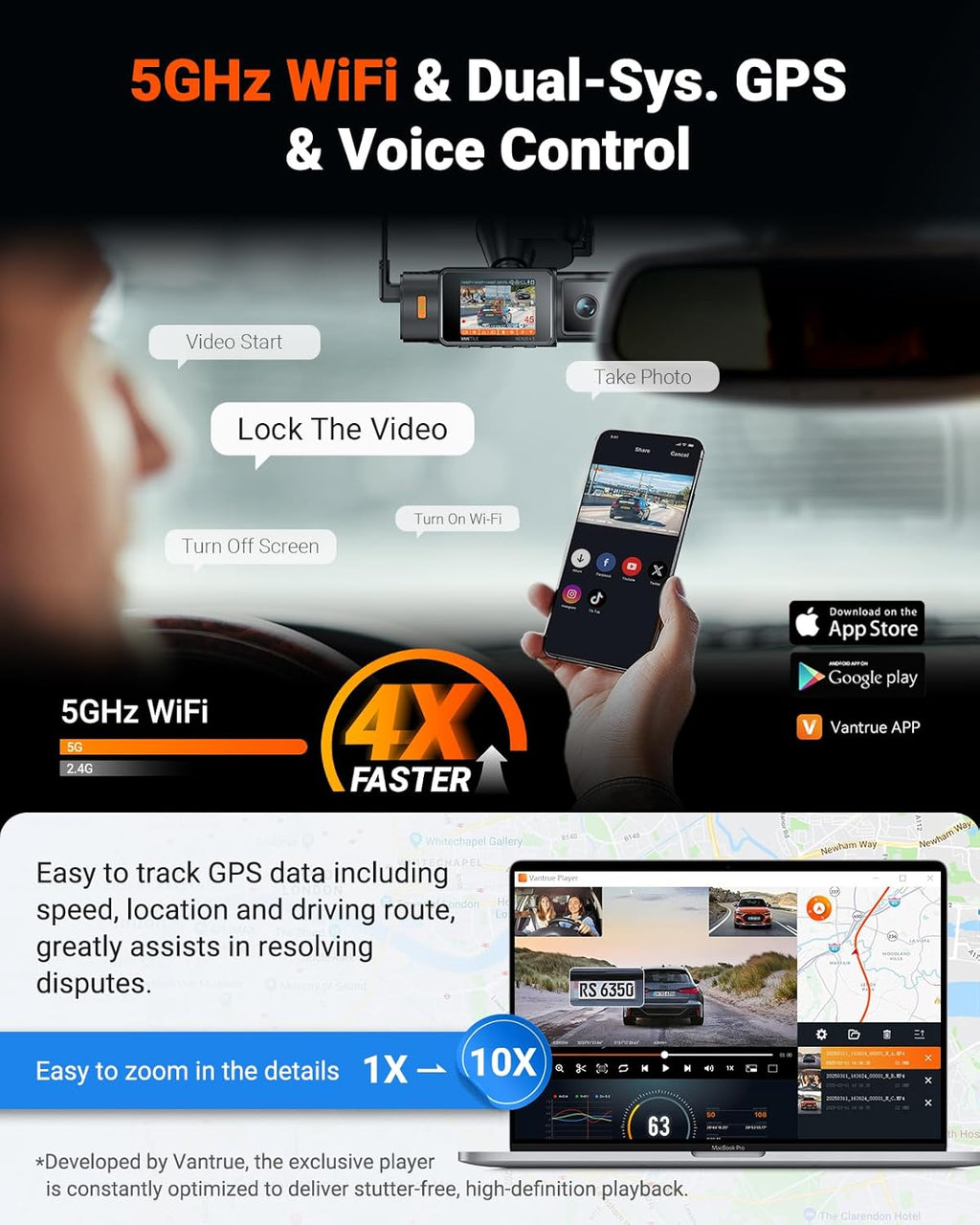 Vantrue N4S 3 Channel Front Inside Rear Dash Cam  2.7K+1440P+1440P WiFi Dash Camera w/PlatePix™  STARVIS 2 x HDR x IR Night Vision  Voice Control  GPS  24/7 Parking Mode  Support 1TB Max