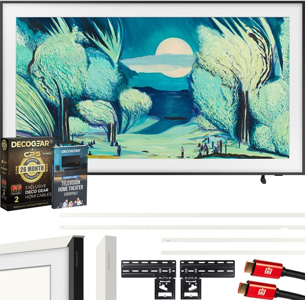 Samsung QN55LS03FA 55" The Frame QLED 4K AI TV (2025) Bundle with Modern White Bezel  CPS 26 Month Protection  Slim Flat Mount  2X HDMI Cables & Deco Gear Complete Home Theater Beginner's Guidebook