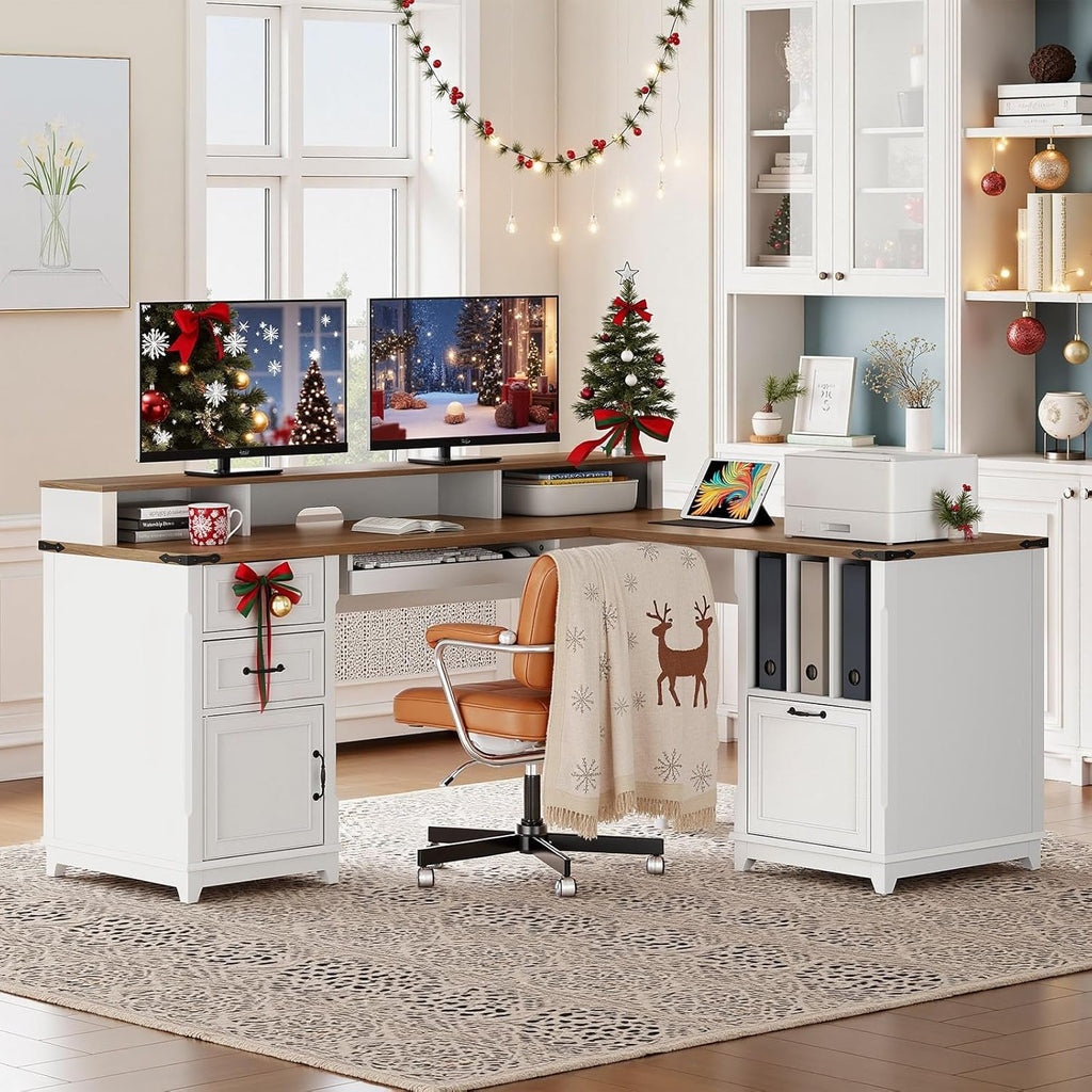 Farmhouse 69" Executive L Shaped Desk with Drawer, Home Office Desk with Charging Station, Corner Computer Desk with Monitor Stand, File Drawer, Storage Cabinet, White and Walnut