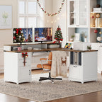 Farmhouse 69" Executive L Shaped Desk with Drawer, Home Office Desk with Charging Station, Corner Computer Desk with Monitor Stand, File Drawer, Storage Cabinet, White and Walnut