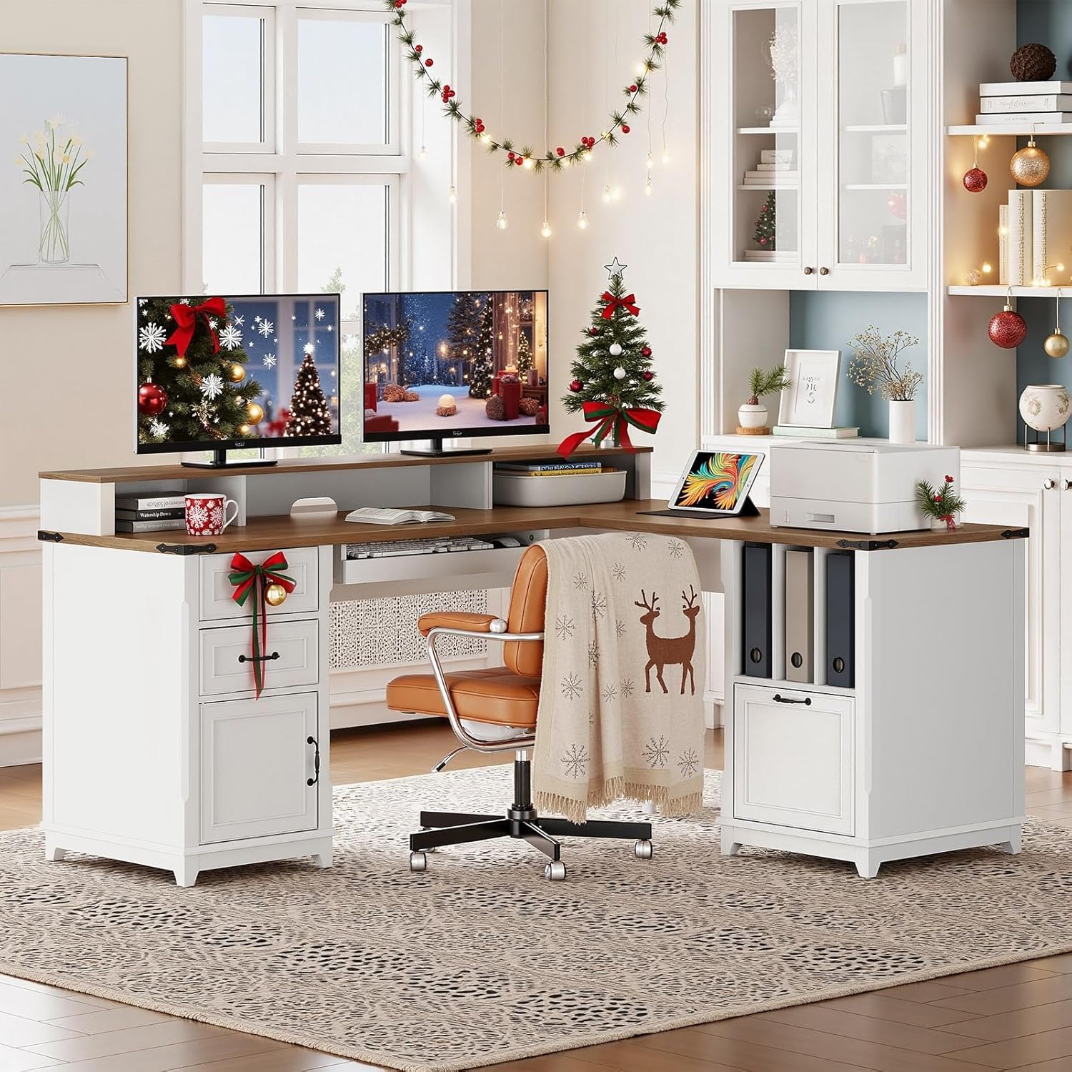 Farmhouse 69" Executive L Shaped Desk with Drawer, Home Office Desk with Charging Station, Corner Computer Desk with Monitor Stand, File Drawer, Storage Cabinet, White and Walnut