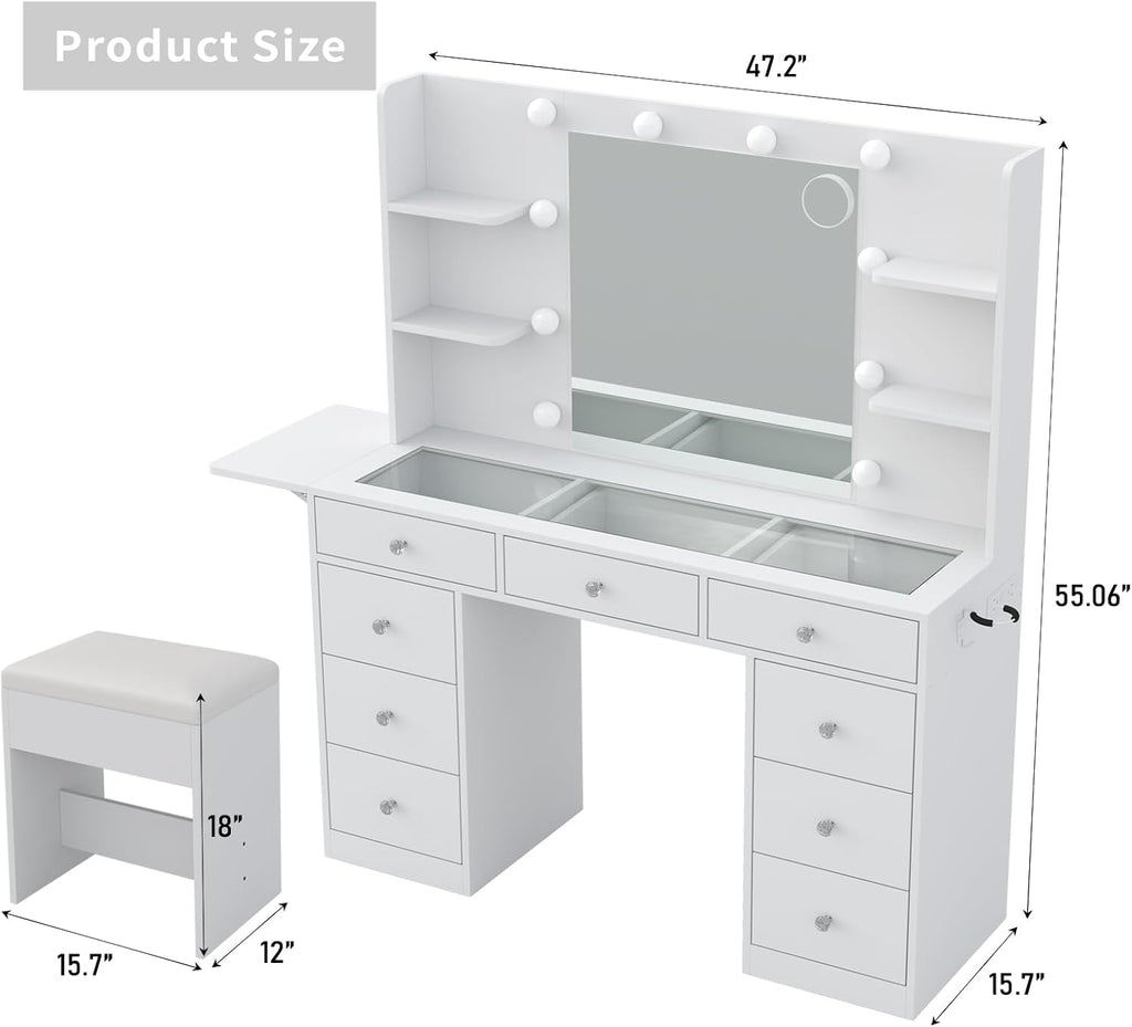 Yanosaku Vanity Desk & Power Outlet, Makeup Vanity with Mirror and 10 LED Lights, 3 Lighting Modes Brightness Adjustable, Makeup Table with 4 Shelves and Fold-up Panel, Vanity Set for Bedroom, White