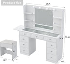 Yanosaku Vanity Desk & Power Outlet, Makeup Vanity with Mirror and 10 LED Lights, 3 Lighting Modes Brightness Adjustable, Makeup Table with 4 Shelves and Fold-up Panel, Vanity Set for Bedroom, White