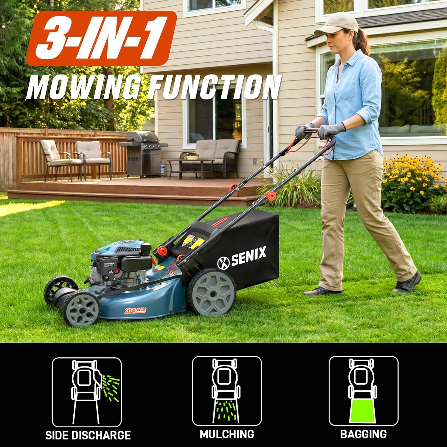 SENIX Gas Lawn Mower  22" Self Propelled Gas Powered Lawnmower with 170cc OHV 4-Cycle Engine  3-in-1 Walk-Behind Push Lawn Mower  6-Position Height Adjustment