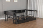 Bellemave Twin Corner Bed Frame with Desk and Storage, Twin Captains Bed with Charging Station,LED Light, Wood Daybeds with L-Shaped Bookcase and 2 Drawers, Black