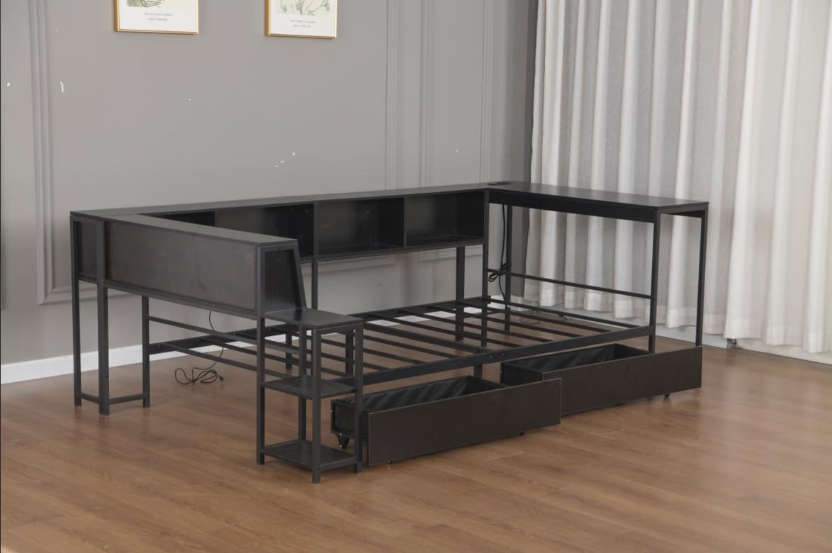 Bellemave Twin Corner Bed Frame with Desk and Storage, Twin Captains Bed with Charging Station,LED Light, Wood Daybeds with L-Shaped Bookcase and 2 Drawers, Black