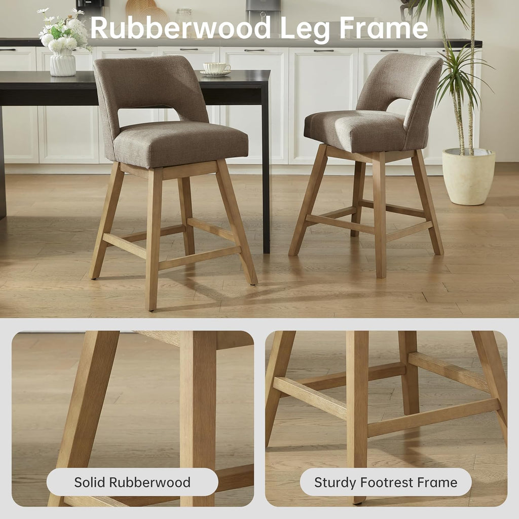 VKNOW 27" Swivel Bar Stools Set of 2, Upholstered Counter Height Bar Stools with Backrest and Rubberwood Legs, Fabric Barstools for Kitchen Island, Breakfast Bar, Living Room, Dining Room, Brown