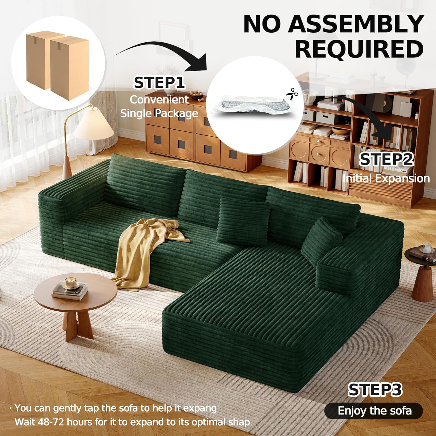 108.2" Modular Sectional Sofa with Deep Seat, Boneless L Shaped Corduroy Couch Modern Comfort, Cloud Couch Oversized for Living Room No Assembly (Right Facing Chaise,Green)