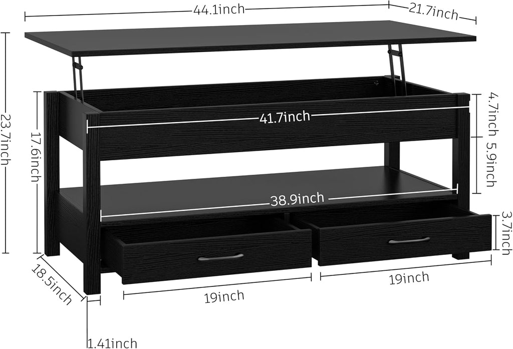 Panana Coffee Table, Lift Top Coffee Table with Hidden Compartment, 2 Drawers and 1 Open Shelf, Retro Central Wooden Table Lift Tabletop for Living Room (Black)