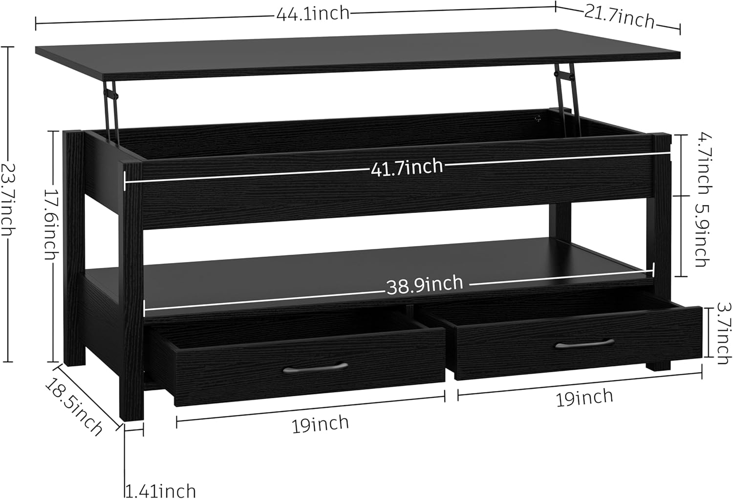 Panana Coffee Table, Lift Top Coffee Table with Hidden Compartment, 2 Drawers and 1 Open Shelf, Retro Central Wooden Table Lift Tabletop for Living Room (Black)