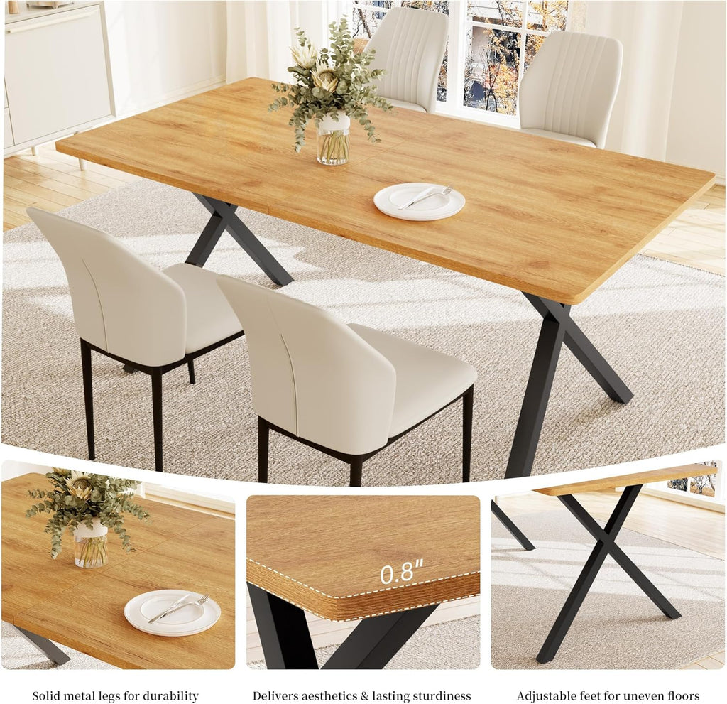 HIPIHOM 5-Piece Dining Table Set for 4-6 People, 63" MDF Kitchen Table with 4 Upholstered Chairs, Metal Legs for Dining Room, Kitchen(Oak Table+4 White Chairs)