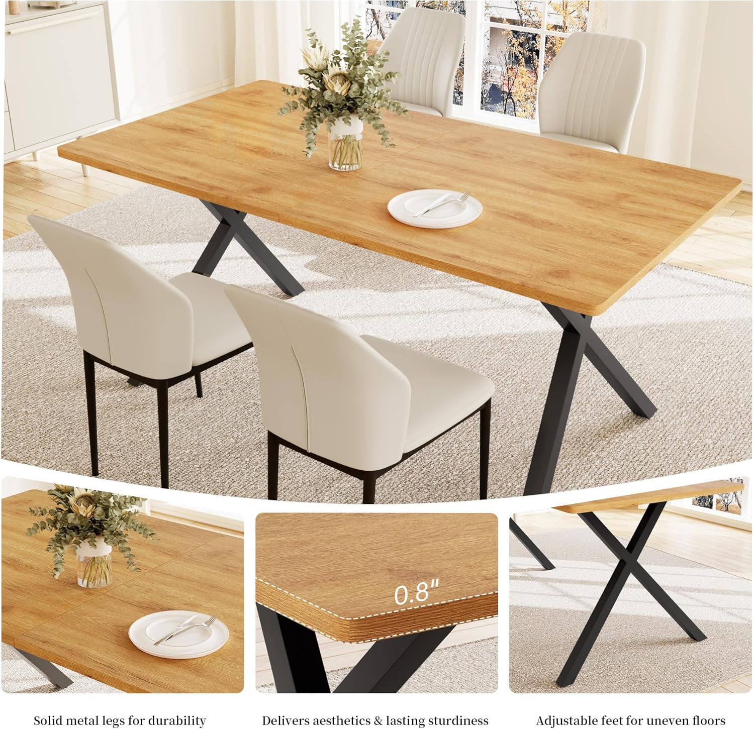 HIPIHOM 5-Piece Dining Table Set for 4-6 People, 63" MDF Kitchen Table with 4 Upholstered Chairs, Metal Legs for Dining Room, Kitchen(Oak Table+4 White Chairs)