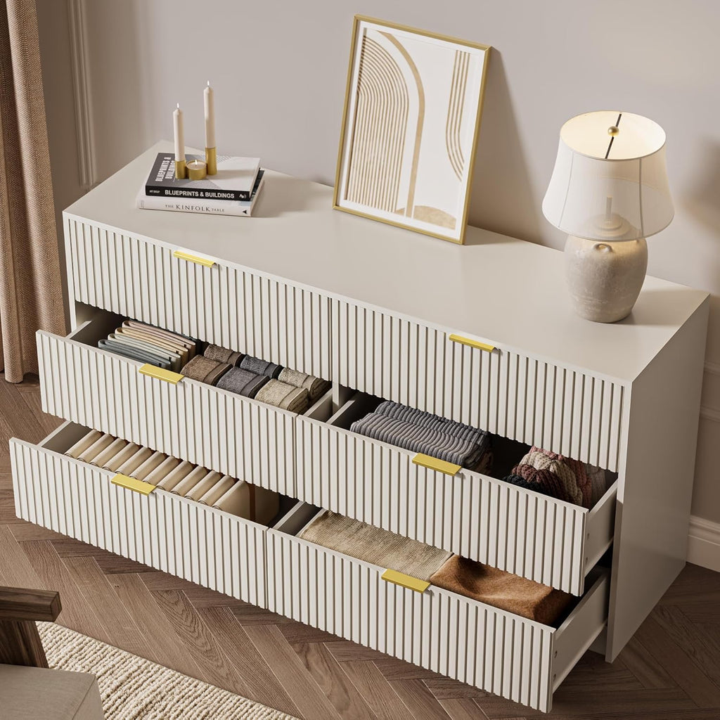 6 Drawer Dresser for Bedroom, 55" Wide Modern Chest of Drawers with Gold Metal Handles, Fluted Wood TV Stand for Living Room, Hallway(Beige)