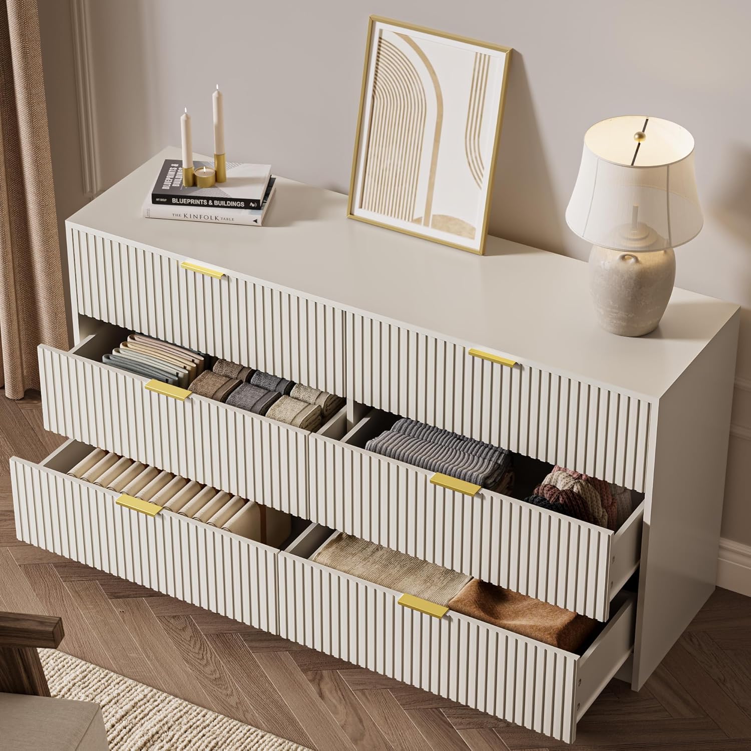 6 Drawer Dresser for Bedroom, 55" Wide Modern Chest of Drawers with Gold Metal Handles, Fluted Wood TV Stand for Living Room, Hallway(Beige)