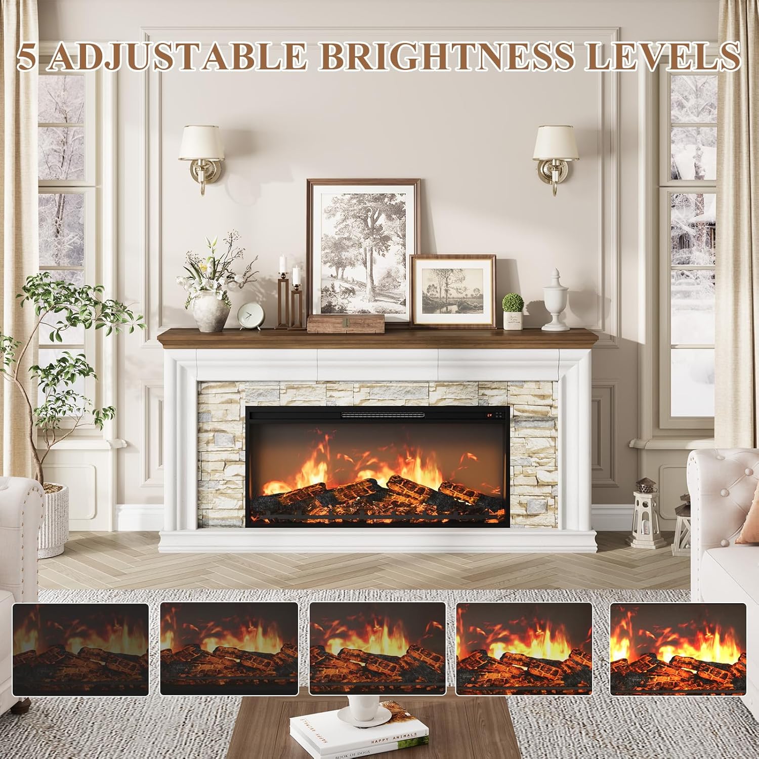 QUW 70" Fireplace TV Stand Up to 80" TVs, 42" Modern Electric Fireplace with Mantel, Farmhouse Entertainment Center with Concealed 3 Drawers for Living Room, Adjustable Brightness & Low Noise, White