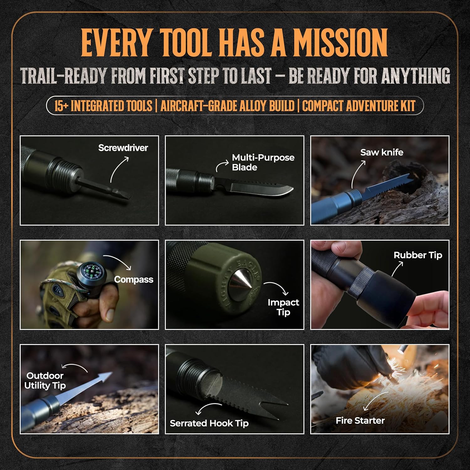 Prime Adventure 15-in-1 Tactical Survival Walking Stick & Hiking Staff – Heavy-Duty Collapsible Multitool for Camping, Hiking & Outdoor Survival Gear (8 Tubes, Premium Build)