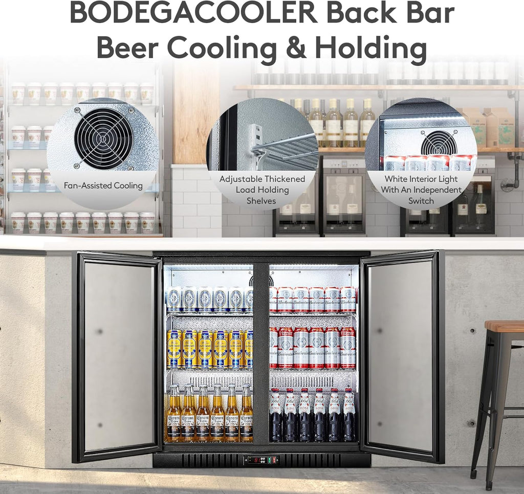 BODEGACOOLER Back Bar Cooler With 2 Glass Doors,7.4 Cu.Ft Commercial Counter Height Beverage Refrigerator,Display Bar Fridge with LED Lighting,21 inch Beverage Cooler for Store,Lobby,Restaurant,Clubs