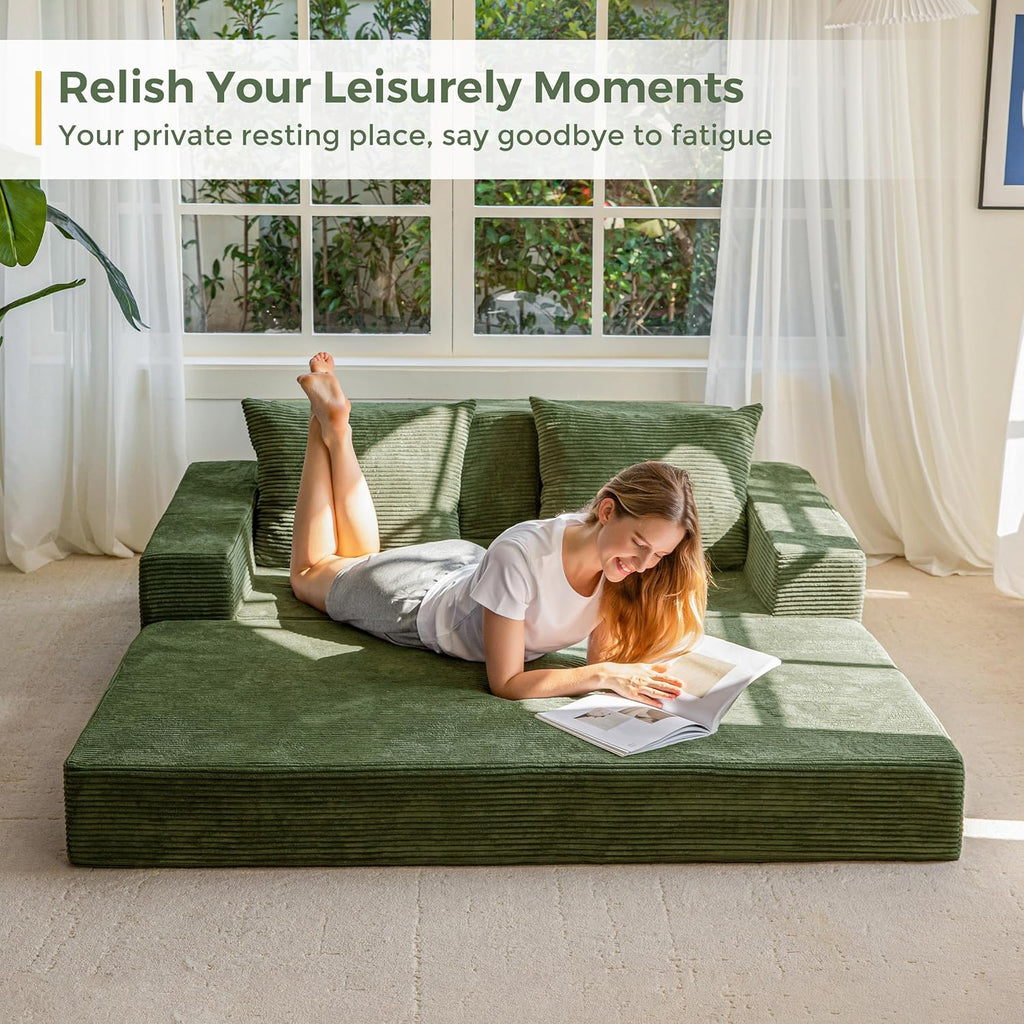 MAXYOYO Loveseat Sofa Bed, 64" Foldable Floor Sofa Couch in A Box with 2 Cup Holders, 4 in 1 Convertible Boneless Couch Folding Recliner Sleeper Chair for Living Room, No Assembly Required, Green