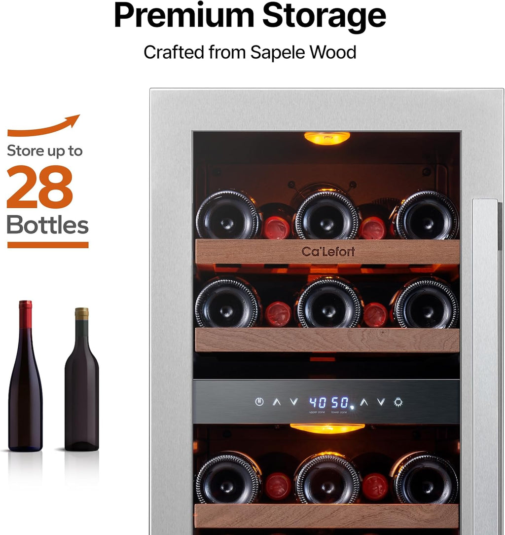 Ca'Lefort 15 Inch Wine Fridge & Cooler - Dual Zone 28 Bottles Wine Cooler with Glass Door, Small Wine Refrigerator with 3 LED Light Built-in for Home Bar Kitchen Left-Hinged Door (3.0 cu.ft)