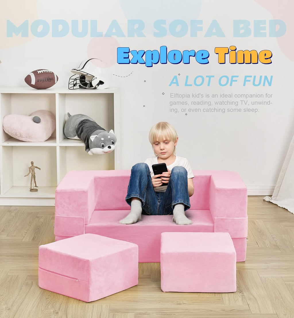Elftopia Modular Kids Sofa,Toddler Couch Foam Armchair for Kids, Children Convertible Plush Sofa Play Set,Fold Out SofaBed(Pink)