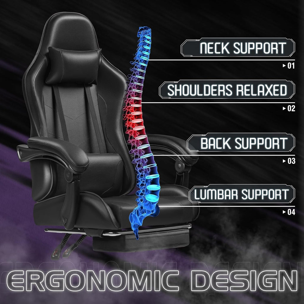 Homall Gaming Chair, Video Game Chair with Footrest and Massage Lumbar Support, Ergonomic Computer Chair Height Adjustable with Swivel Seat and Headrest (Dark Black)