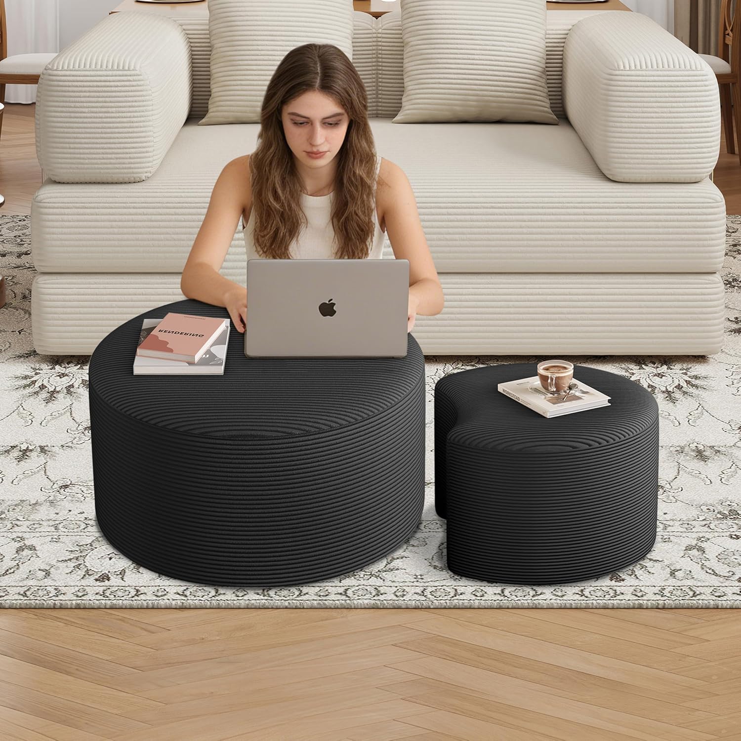 BSHOMGI Nesting Coffee Table Set of 2, Round Corduroy Modular Sectional Sofa Stool Circle Foam Side Table for Living Room, Entryway and Small Spaces No Assembly (Dark Gray, 32"+17")