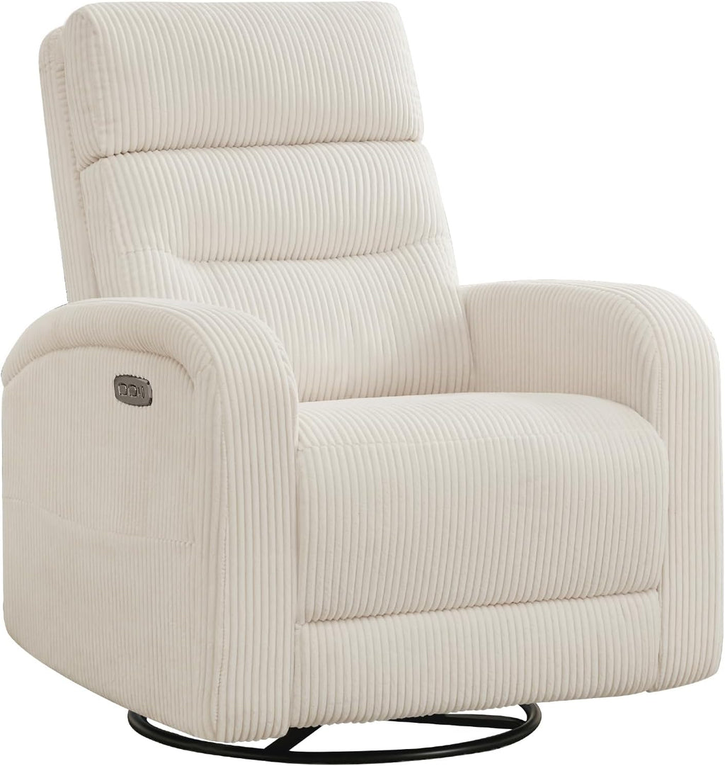 Power Swivel Rocker Recliner Chair for Nursery, Swivel Reclining Rocking Chairs, Electric Swivel Recliner Glider Nursery for Living Room, Upholstered Recliner Chairs for Bedroom, Corduroy White