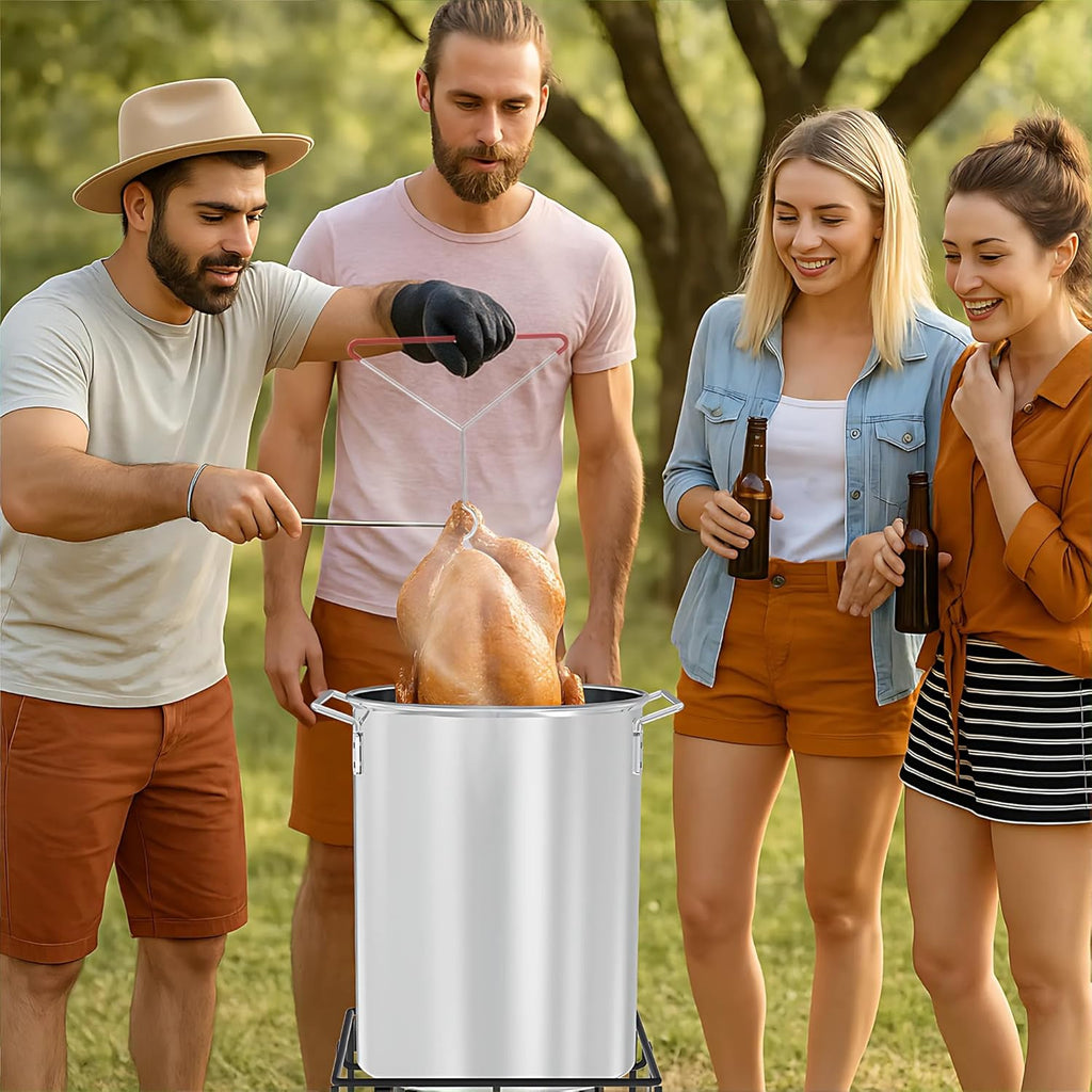 30 Qt Aluminium Stock Pot Kit – Turkey Fryer Pot With Lid, Lifting Hook, Stand & Thermometer – Large Deep Fryer For Frying, Seafood Boiling & Outdoor Cooking