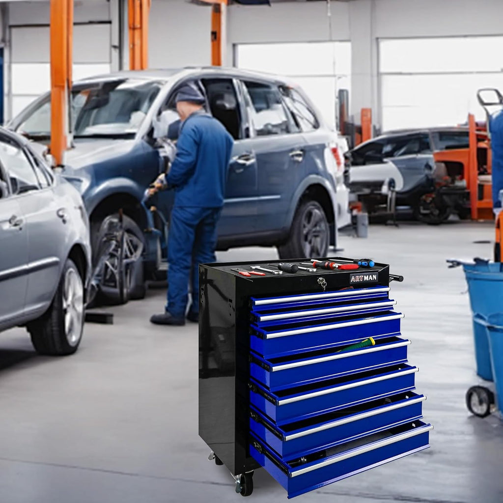 7 Drawers Rolling Tool Cart on Wheels, Multifunctional Organizer Tool Chest Tool Case , Trolley Tool Storage Tool Box for Workshop,Garage,Repair Shop (7 Drawers 24.2"W×12.9"D×29.9"H-Black&Blue)