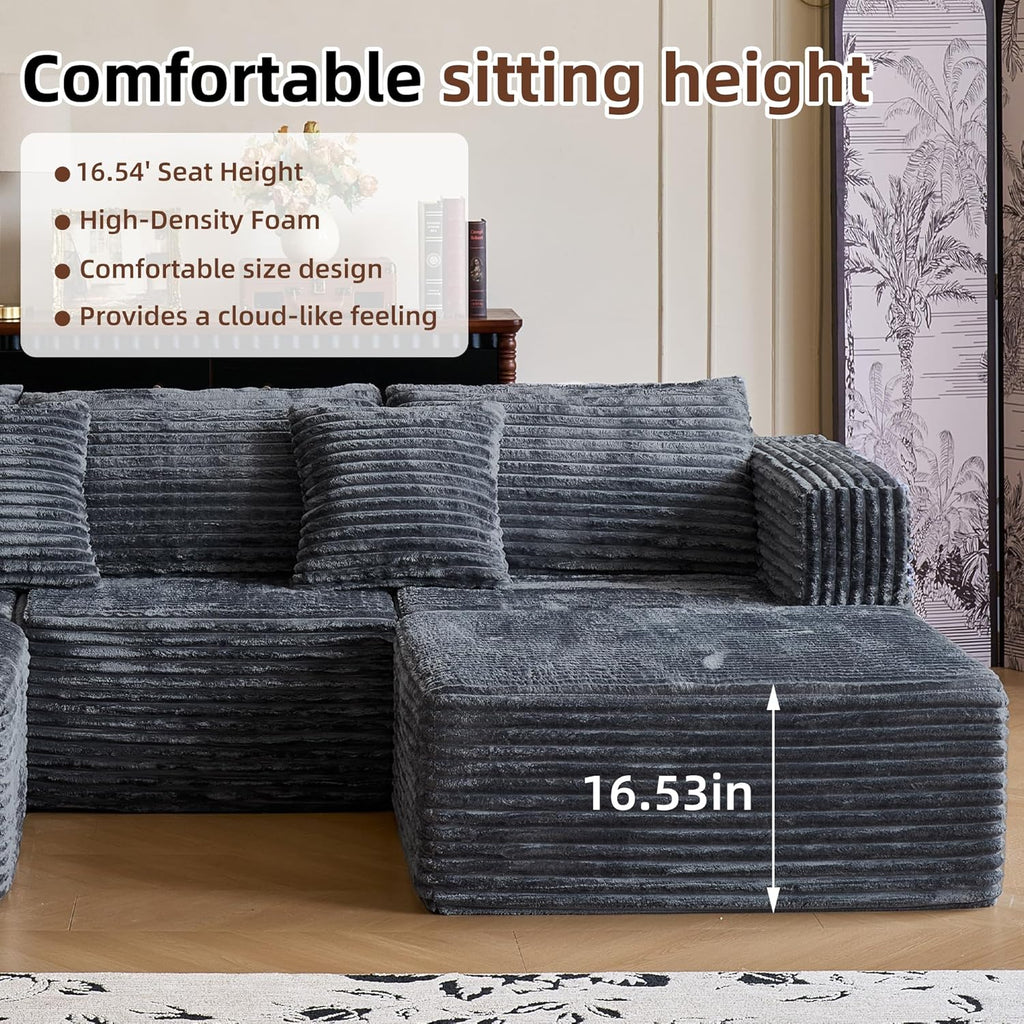 110" Modular Sectional Couch with 2 Movable Ottoman, Cloud Sofa Couches for Living Room, U Shaped Deep Seat Boneless Sofa,Luxury Corduroy Fabric, No Assembly Required Grey