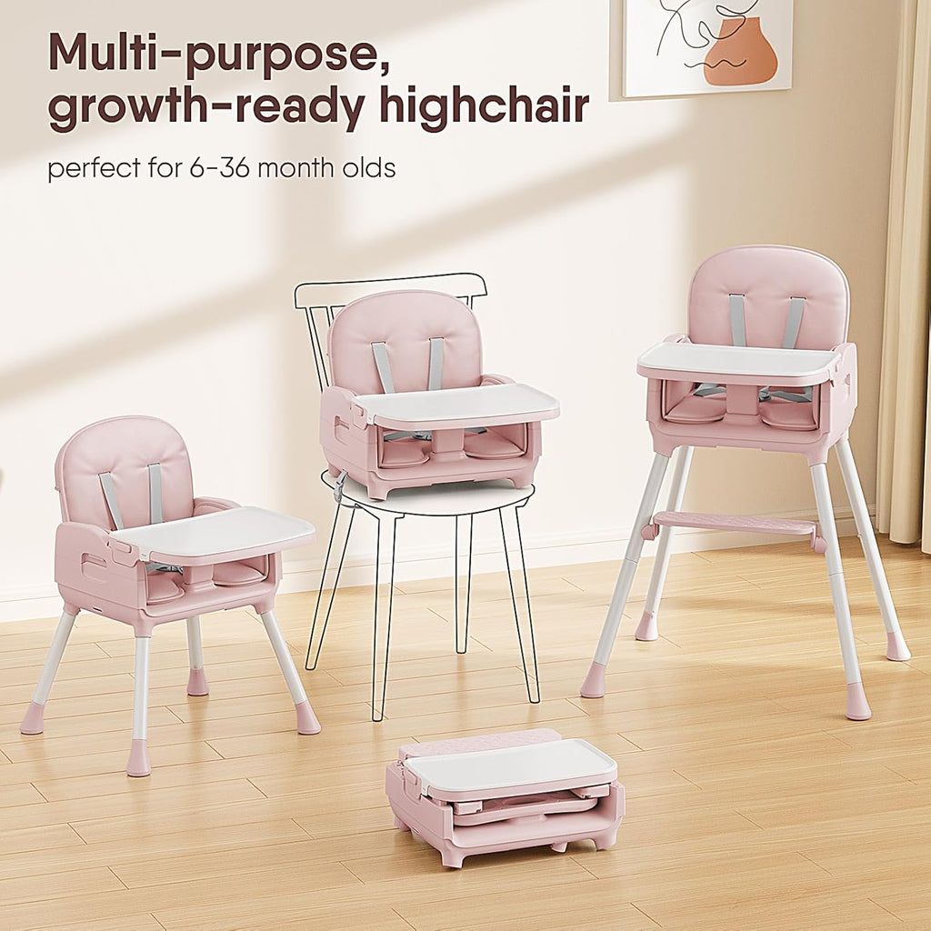 Obee Odee 3-in-1 Portable Baby High Chair for Babies and Toddlers, Convertible Easy Clean Infant Foldable Highchair with Adjustable Legs & Dishwasher Safe Tray, Pink