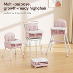 Obee Odee 3-in-1 Portable Baby High Chair for Babies and Toddlers, Convertible Easy Clean Infant Foldable Highchair with Adjustable Legs & Dishwasher Safe Tray, Pink