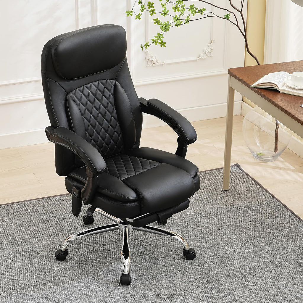 500LBS Massage Office Chair, 6 Points Vibration & Heat Executive Office Chairs, 135°Reclining Comfy Desk Chair with Foot Rest, Wider & Thicker Seat Cushion, PU Leather Big and Tall Gaming Chair, Black