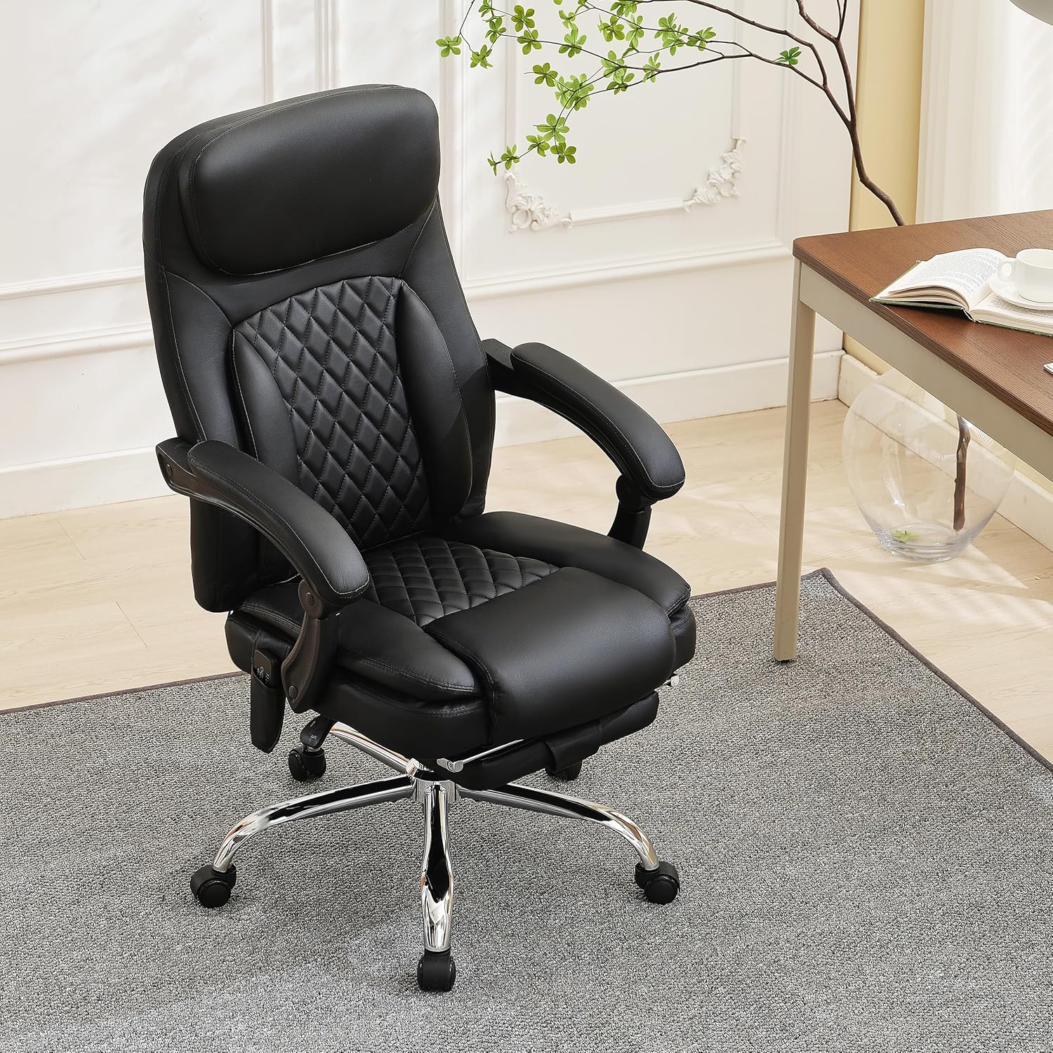 500LBS Massage Office Chair, 6 Points Vibration & Heat Executive Office Chairs, 135°Reclining Comfy Desk Chair with Foot Rest, Wider & Thicker Seat Cushion, PU Leather Big and Tall Gaming Chair, Black