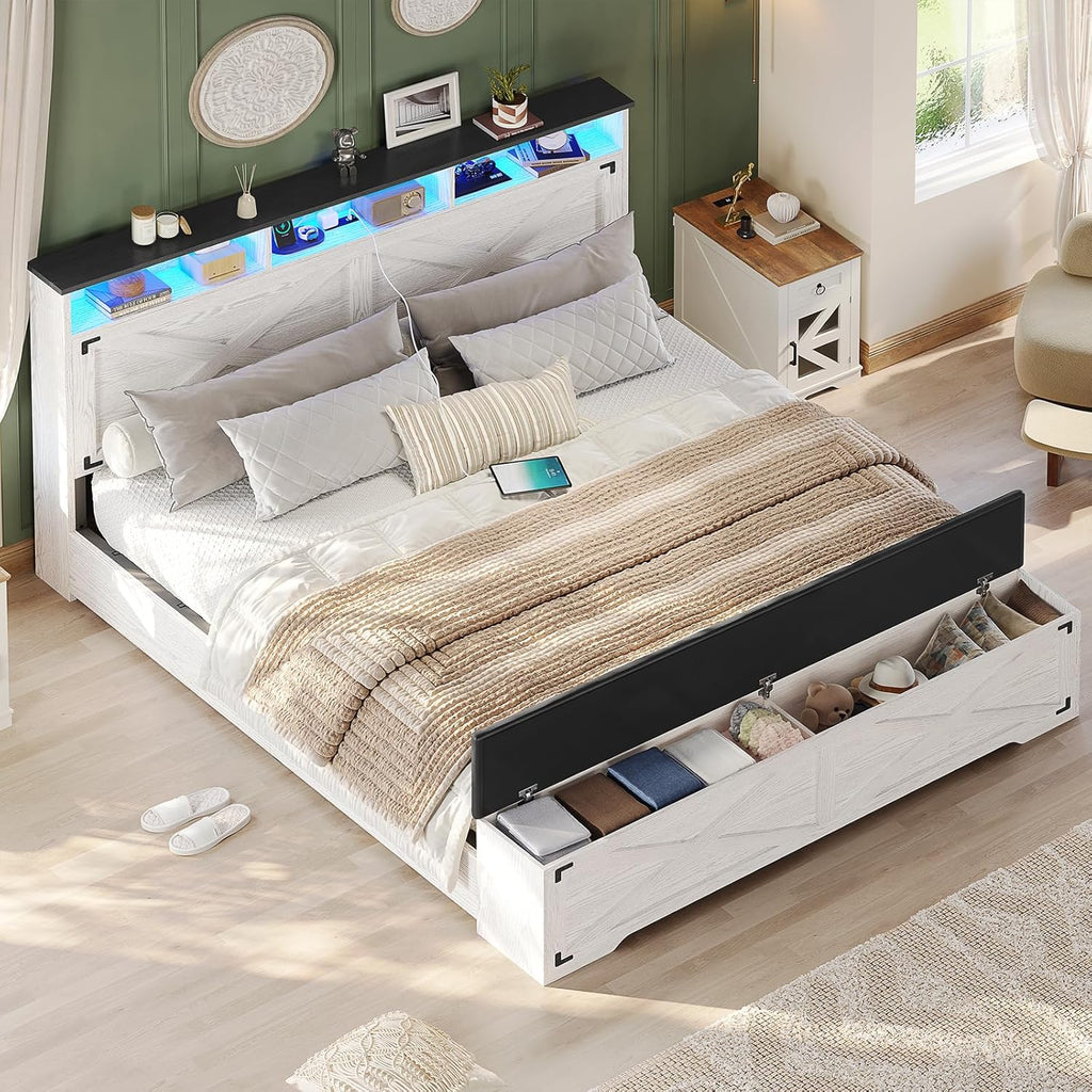Hasuit Queen Size Bed Frame with Storage Ottoman, Farmhouse Bed Frame with Charging Station and Led Light, Headboard with Storage Rack, Metal Slats, No Noise Design, No Box Spring Needed,Walnut White