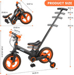 JMMD 6 in 1 Toddler Bike with Push Handle for Kids 18-60 Months, 12" Foldable Balance Bike with Training Wheels, Pedals, Brakes, Kickstand, Push Tricycle Toddler Gift & Toys for Boy & Girl