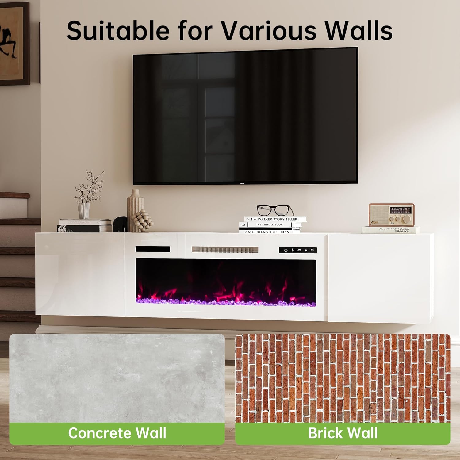 Real Relax 70" Floating TV Stand with 36" Electric Fireplace, Wall Mounted Entertainment Center with Storage, Remote Control, Modern LED Lights Fireplace TV Console for TVs Up to 80", All White
