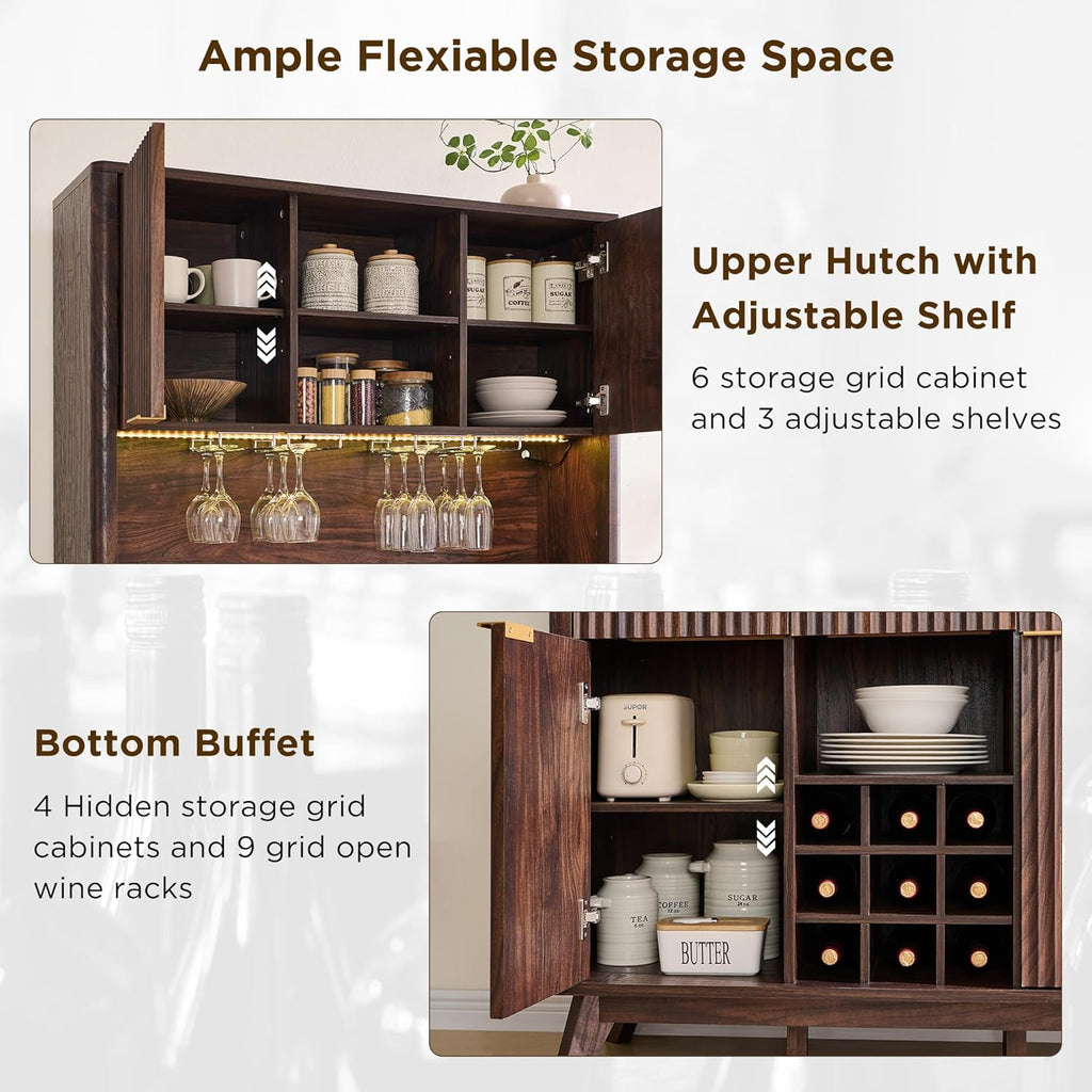 OKD 72" Tall Fluted Coffee Bar Cabinet with Ample Storage, Modern Buffet Sideboard with Glass Holder/Wine Rack/Led Lights/Charging Station, Wine Cabinet for Kitchen, Dining Room, Home Bar, Dark Walnut