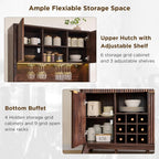 OKD 72" Tall Fluted Coffee Bar Cabinet with Ample Storage, Modern Buffet Sideboard with Glass Holder/Wine Rack/Led Lights/Charging Station, Wine Cabinet for Kitchen, Dining Room, Home Bar, Dark Walnut