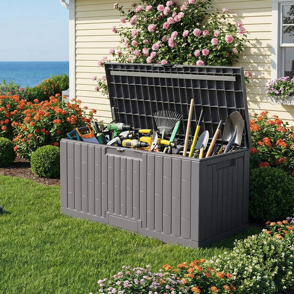 Jocoevol Deck Box 100 Gal, UV Resistant & Waterproof Outdoor Storage Box with Lock, Easy Assemble Storage Bins Container for Pool Patio Garden