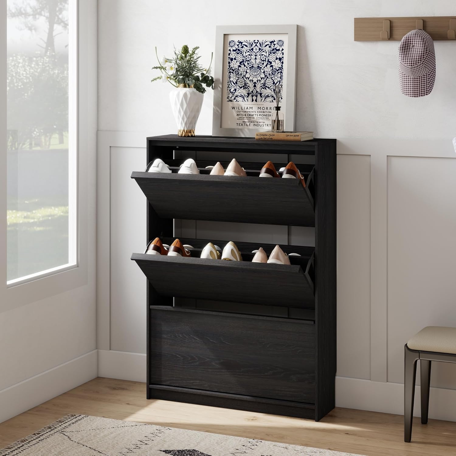 Shoe Cabinet with 3 Flip Drawers, 31.5" W Narrow Shoe Storage Cabinet for Entryway, Slim Shoe Organizer with Adjustable Shelves, Freestanding Shoe Rack for Hallway, Living Room, Black